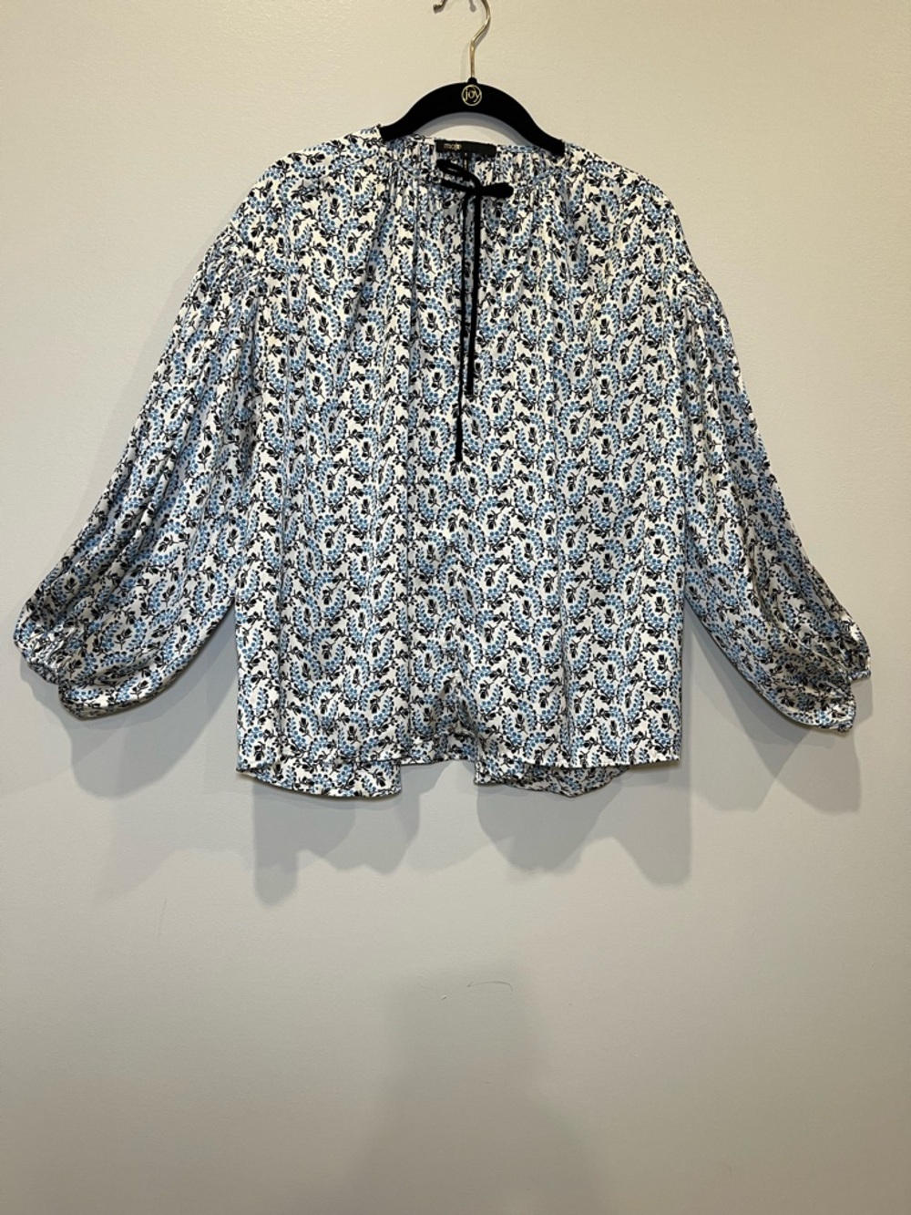 Maje Blue and Black Floral Tie-Neck Peasant Blouse size 1 - Picture 3 of 9